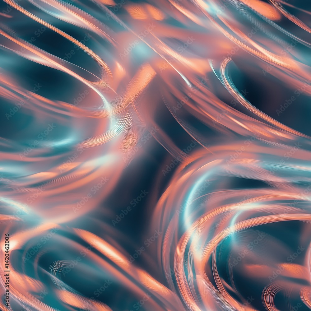 Poster seamless abstract digital background featuring flowing lines and swirls in shades of teal and peach,