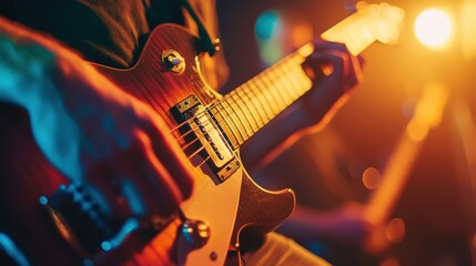 Obraz premium A musician plays a guitar under stage lights in performance