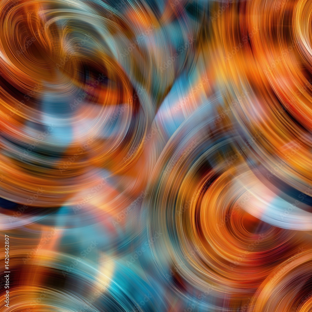 Poster seamless abstract swirl pattern featuring vibrant colors of orange, blue, and hints of white, creati