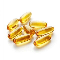Close up shot of several golden omega capsules on a white background plain