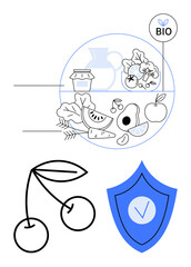 Organic fruits, vegetables, and food products with a Bio label, cherry outline, blue shield with checkmark. Ideal for health, nutrition, organic lifestyle, quality assurance food safety diet