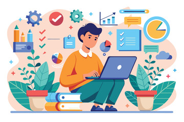 Fototapeta premium A person is creating a business plan on a laptop amid plants and books, focusing on charts and statistics, working on a business plan