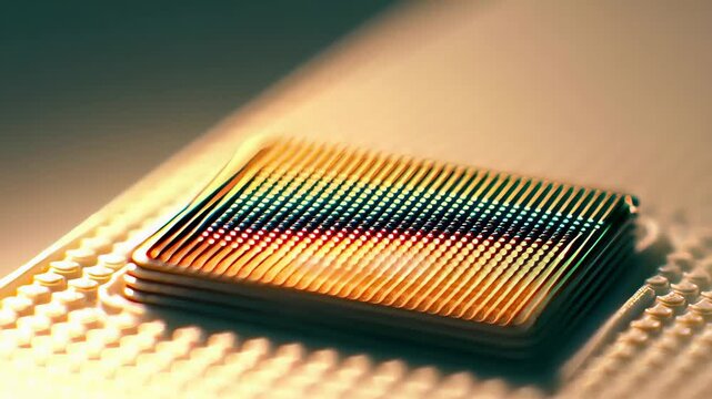 Electronic microchip placed on golden circuit lines with blurred background and directional soft lighting Concept of modern computing and microtechnology