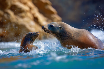 Naklejka premium Sea lion father gently nudging pup into turquoise ocean near rocky cliffs, tender parenting moment in natural coastal waters
