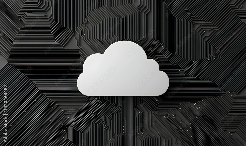Poster glowing cloud icon on digital circuit background for upload concept