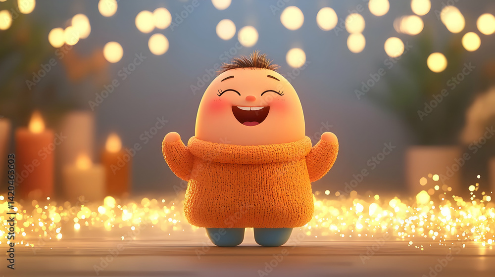 Poster cute animated character with expressive face and cheerful style