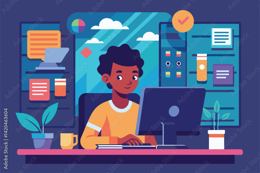 Poster a person engages with a computer, surrounded by vibrant plants and colorful workspace elements, work