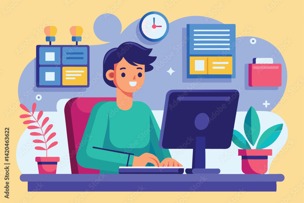 Poster a person focuses on their computer while surrounded by plants and various office materials in a cozy
