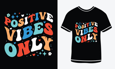 Positive vibes only retro wavy groovy vintage repeat text typographic art with peach background.