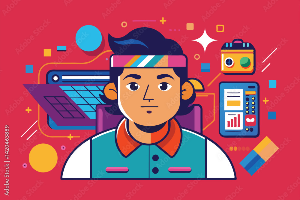 Poster this artwork features a character engaged in a creative project, surrounded by various digital tools