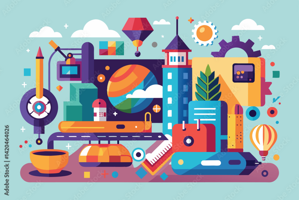 Poster a vibrant illustration displaying various design tools and imaginative elements in a creative worksp