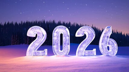 Large icy numbers 2026 placed in frozen field at dusk with pine forest and pink sky Concept of new year celebration and seasonal transition - Powered by Adobe
