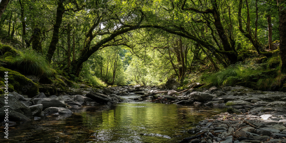 Poster serene forest stream flowing through mossy rocks, arched trees forming a natural frame, sunlight fil