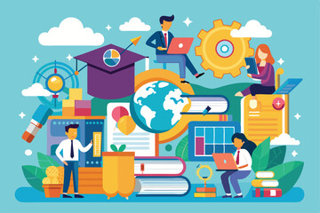 A group of professionals is involved in different learning and work tasks, surrounded by educational tools, Work or education process concept,
