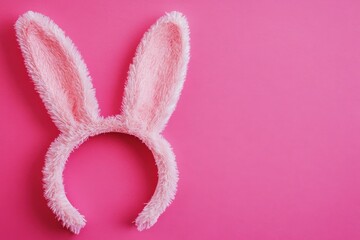Pink fluffy bunny ears headband on a vibrant pink background.