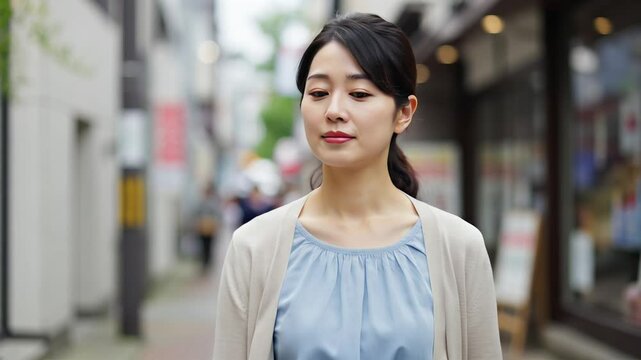 街を歩く40代日本人主婦の自然な微笑み
