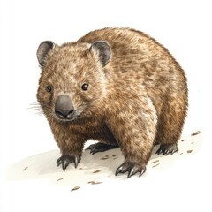 Fototapeta premium Illustration of a wombat standing on a white surface with a few small debris around it looking forward