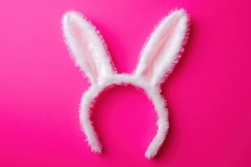 Fluffy white bunny ears headband on a hot pink background.