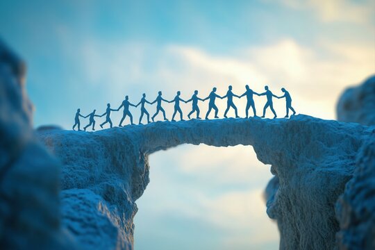 Minimalist 3D-rendered human figures linking arms to form a physical bridge over a gap, allowing another figure to walk across safely.