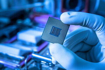 Close-up of a microprocessor or CPU held by a gloved hand over a printed circuit board (PCB) in a laboratory, representing semiconductor research, technology, and digital innovation