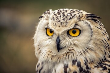 Obraz premium Close up of Majestic Owl With Striking Yellow Eyes Generative AI