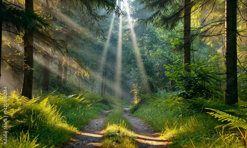 Aufkleber sunlight streaming through trees onto forest path, creating serene atmosphere