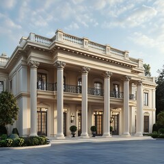 Obraz premium Majestic estate with symmetrical neoclassical architecture and shrubs high resolution picture