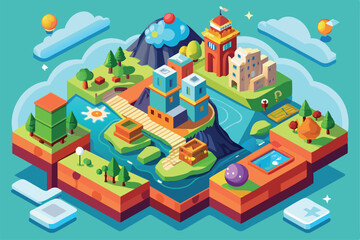 Discover a colorful isometric world filled with unique buildings, lush greenery, and interactive elements, World Customizable Isometric Illustration