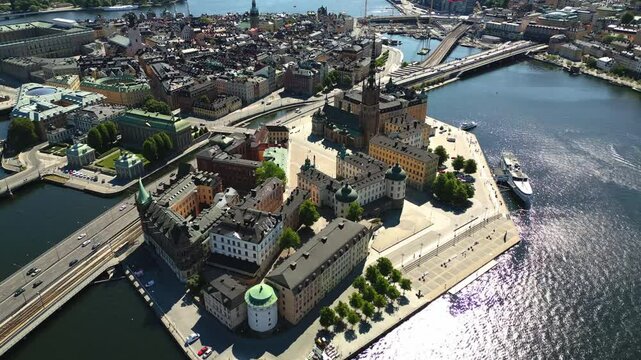 Aerial view of the Riddarholmen island and Gamla stan island, in the city of Stockholm, Sweden