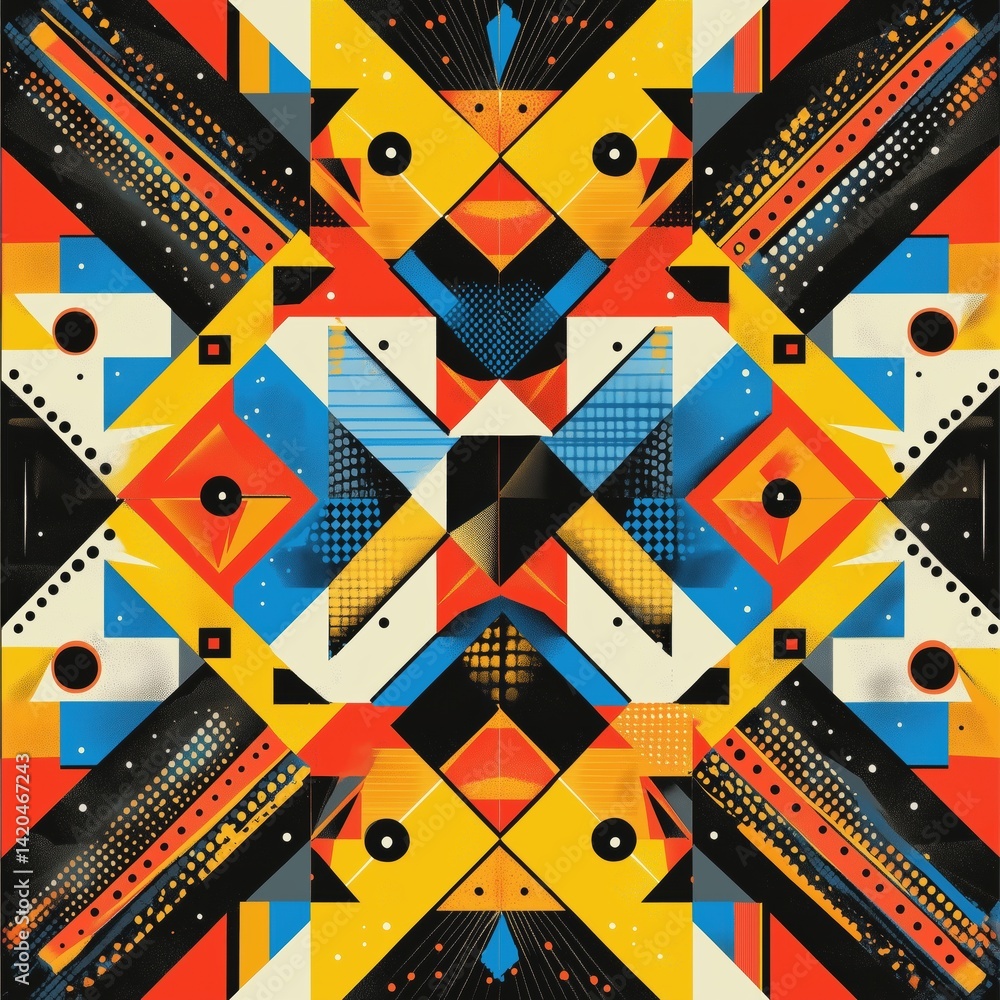 Poster seamless vibrant abstract geometric pattern featuring bold colors like red, yellow, blue, and black.