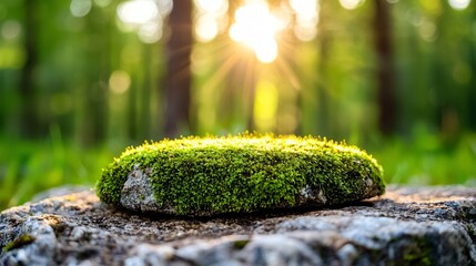 Fototapeta premium Glowing moss on forest boulder in brightly lit woodland, detailed vegetation around base, atmospheric clarity, vibrant green tones enhanced by morning light
