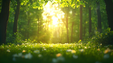 Obraz premium Serene Forest Scene with Sunlight Breaking Through Tree Canopy