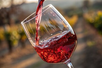 Pouring Red Wine Into a Glass Among Vineyard Rows During Sunset Generative AI