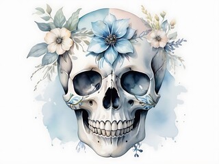 Fototapeta premium Beautiful Vintage Watercolor Skull with Flowers Illustration on White Background