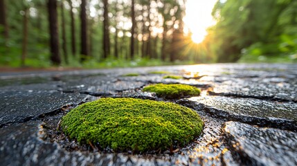Close-up of vibrant moss patches spreading across wet rock surfaces, sunlit forest in background, natural detail on moisture and texture, lush and lively tones, vivid organic growth