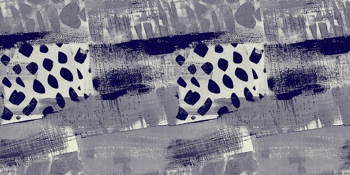 Seamless indigo blue woven grunge dye border pattern. Irregular boro effect dye washed out resist banner background. Block print woven style for trendy vintage wash tape edging trim textures.
