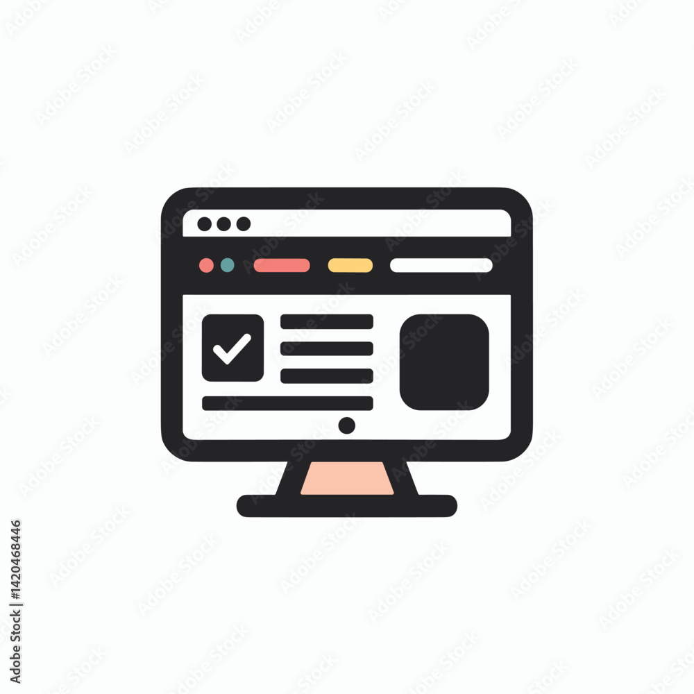 Poster computer monitor icon with website interface and checkmark illustration