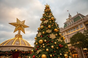 Naklejka premium Gold Ornaments Create a Festive Christmas Tree Display Outdoors Generative AI