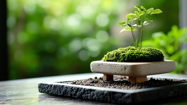 Minimalist moss patch framed by stone and soil, direct morning light showcasing organic detail, simplified nature texture for design, natural green palette in open-air setting