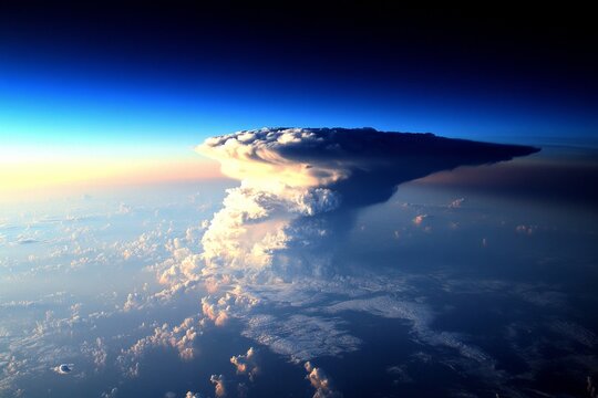 Massive storm cloud, aerial view. Dramatic cumulonimbus cloud formation, seen from above, showcasing intricate details of the cloud structure and surrounding atmosphere.