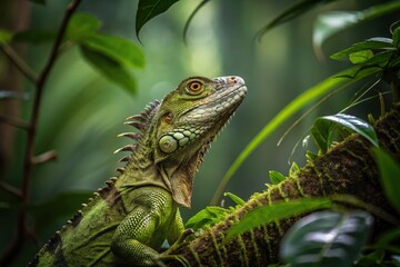 Obraz premium Iguana Perched on a Mossy Branch in Lush Rainforest Setting Generative AI