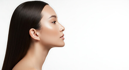 Naklejka premium Radiant profile view. A woman with glowing skin and sleek, dark hair against a seamless white background exudes confidence and natural beauty.