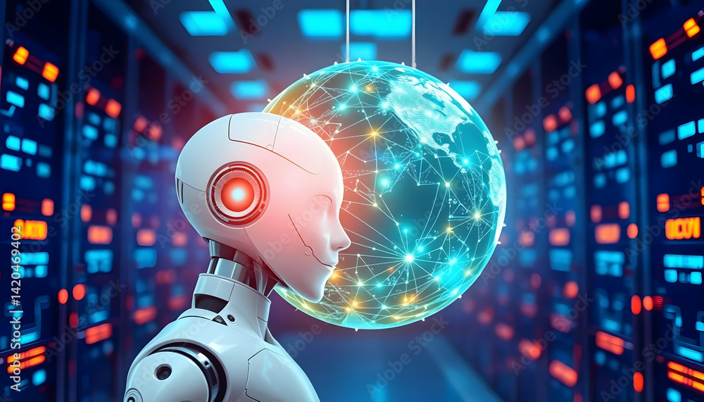 Poster futuristic robot with digital globe in server room setting