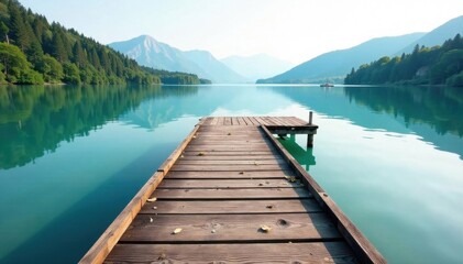 Rustic wooden pier extending over calm lake water, lake, photography