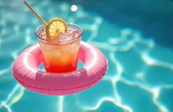 Refreshing cocktail drink floating in inflatable ring at poolside. Tasty drink with lemon slice on summer vacation. Enjoy drink, swim, vacation, fun pool party at the sunny day.