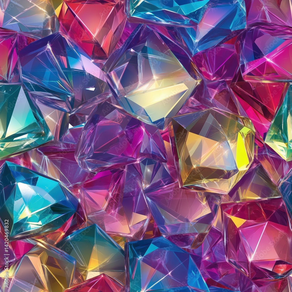 Poster seamless vibrant collection of colorful, faceted gemstones in various shapes, reflecting light and c