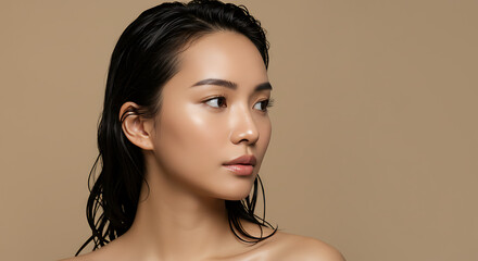Striking portrait of a model with a radiant glow and sleek, wet hair against a solid background. Minimalist beauty aesthetic.