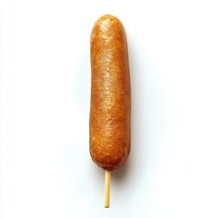 Isolated corn dog on a stick against a plain white studio background view