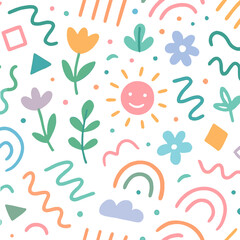 Cute and Colorful Seamless Pattern with Flowers, Sun and Rainbow