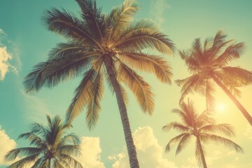 Timeless Tropical Escape: Coconut Palms Under a Sunlit Sky with a Vintage Filter